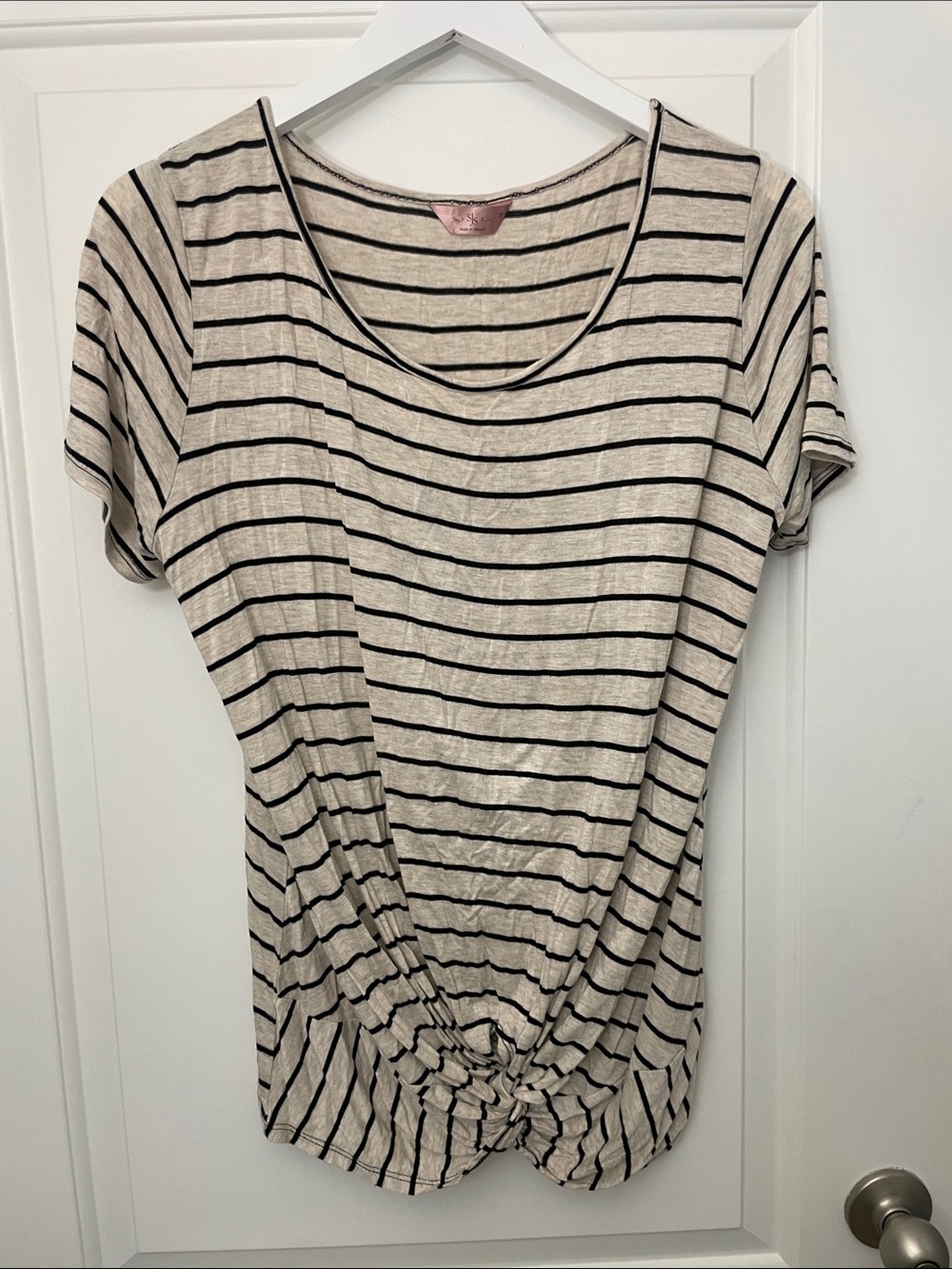 SJS Black and Tan Striped Knot-Front Tee